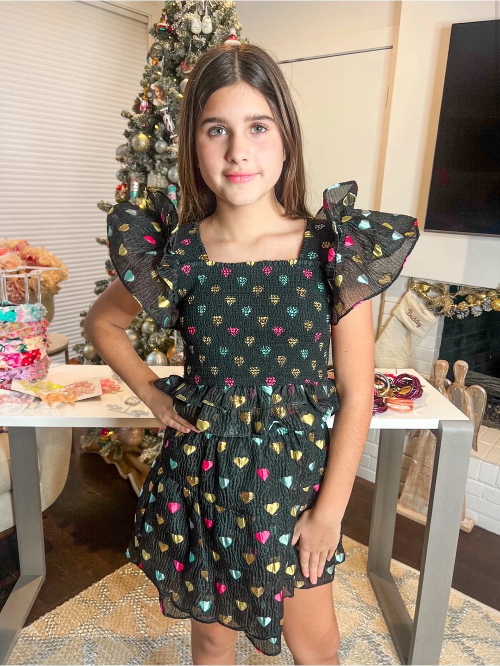TYLER TWEEN OUTFIT SET - FOIL HEARTS Black Heart-Print Ruffle Kids Dress - Picture 3 of 14